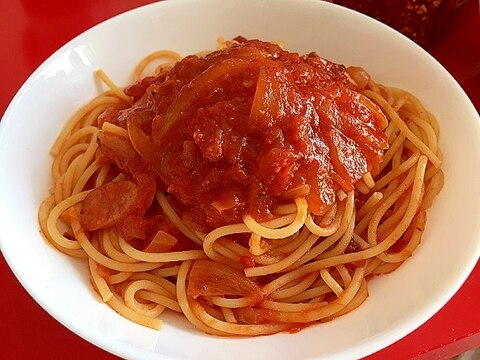 ウインナーときのこのガーリックトマトスパゲッティー